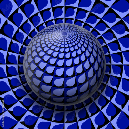 Patterned globe on circular pattern with blue drops appears to be moving. Optical illusion illustration.