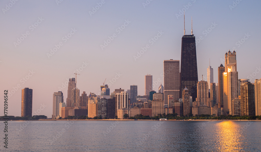 Chicago skyline at sunny summer day from Lake Michigan, Chicago, Illinois, USA.