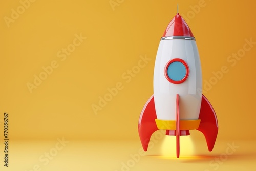 A red and white rocket is standing on a background