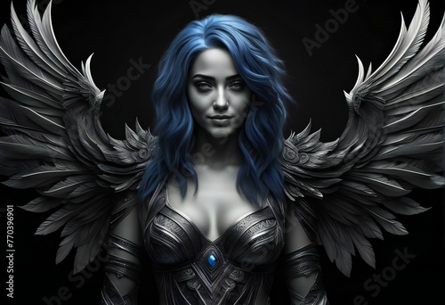 Illustration of a beautiful woman with blue hair and angel wings