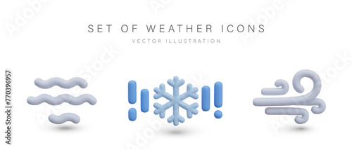 Set of winter weather icons in 3D style. Sign of fog, snowfall, strong wind