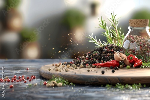 A close up of a table with a variety of spices and herbs, including red peppers