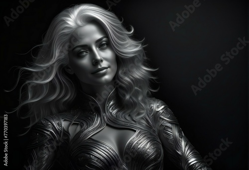 Illustration of a beautiful woman in silver armor, black background