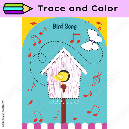 Pen tracing lines activity worksheet for children. Pencil control for kids practicing motoric skills. Bird song spring educational printable worksheet. Vector illustration.