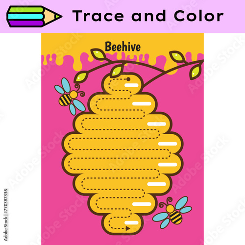 Pen tracing lines activity worksheet for children. Pencil control for kids practicing motoric skills. Beehive educational printable worksheet. Vector illustration.