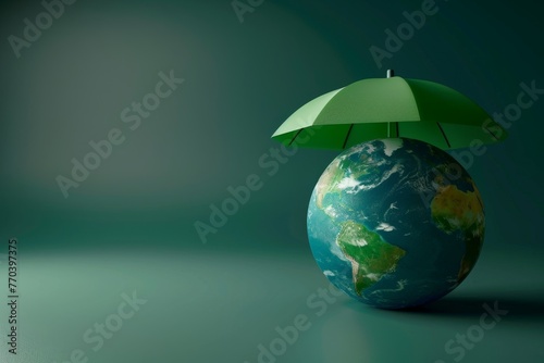 A blue umbrella is covering a globe photo