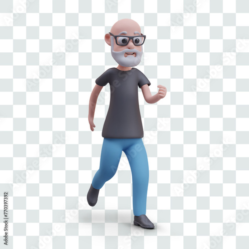 Elderly man is in hurry. Vector bearded male character running. Grandpa is late