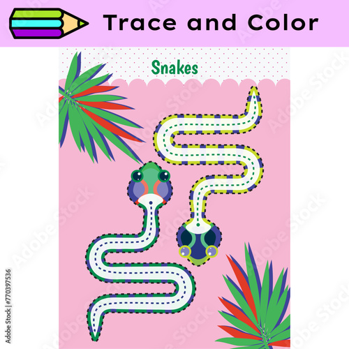 Pen tracing lines activity worksheet for children. Pencil control for kids practicing motoric skills. Snakes educational printable worksheet. Vector illustration.