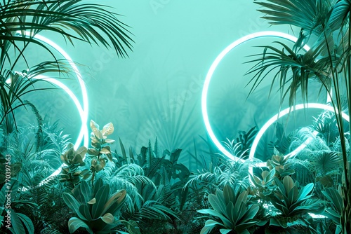 Neon light circles in tropical jungle   Glowing neon lights background