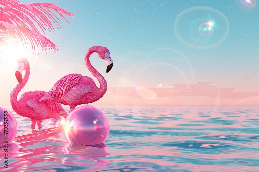 Fototapeta premium Two pink flamingos standing on a pink ball in the ocean