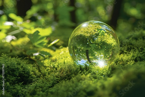 Crystal ball on moss in forest, Selective focus, Nature
