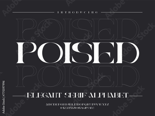 Vector of stylized modern elegant serif alphabet design with uppercase, numbers and symbols