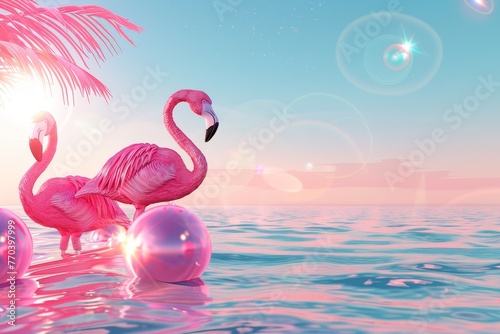 Two pink flamingos standing on a pink ball in the ocean