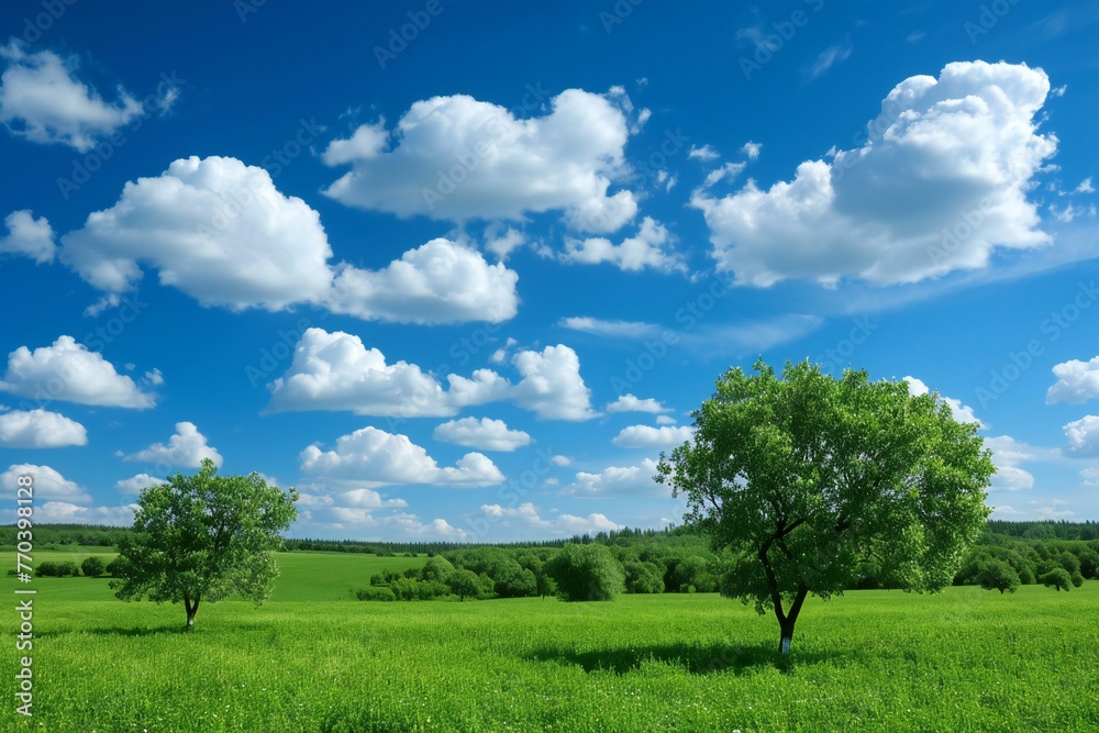 Green meadow and blue sky with white clouds,  Nature composition