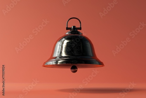 A bell is suspended in midair, with a background
