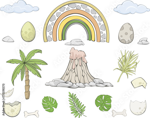 volcano, palm tree, rocks, rainbow. A set of hand-drawn illustrations on an isolated background. Vector set © Natalia