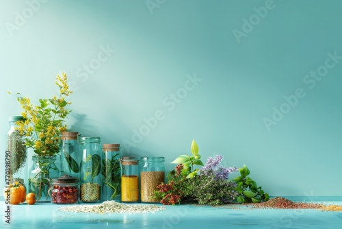 A blue wall with a row of glass jars filled with herbs and spices