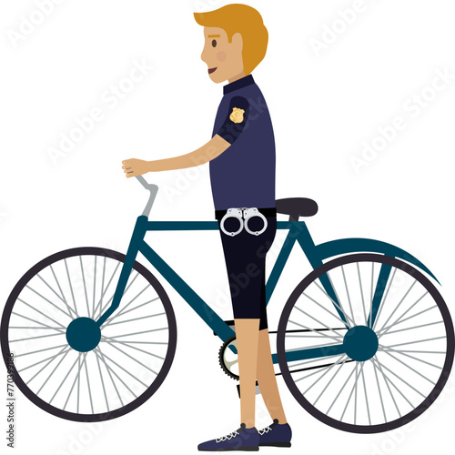 Patrol officers with bicycle vector icon isolated on white