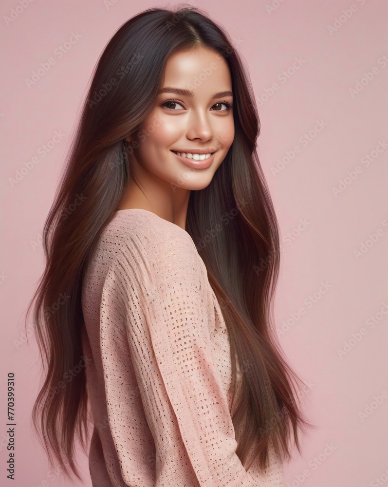Naklejka premium Beautiful young woman with long healthy hair, Portrait of a smiling girl with long hair