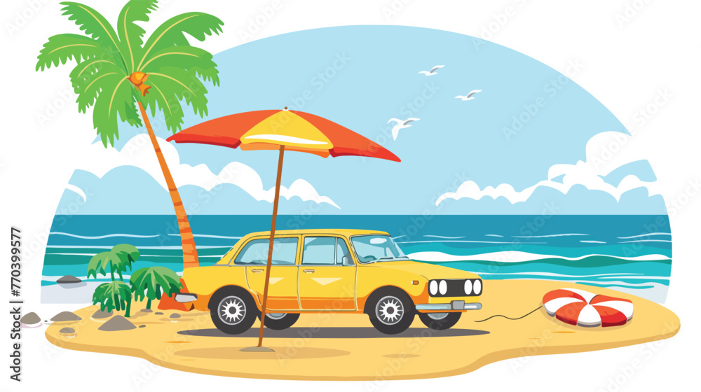 Summer holidays vector flat design beach with car  Fl