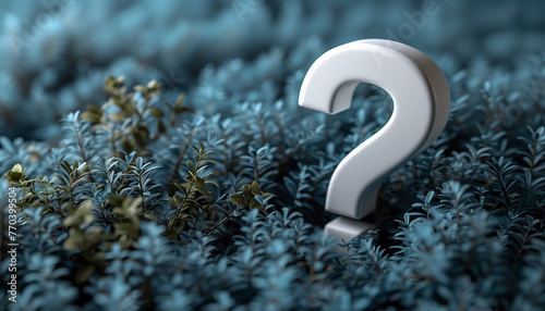 White question mark symbol in the bushes, grass on blue background. Problem, solution, choice, confusion counseling