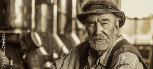 Sepia-toned portrait of an elderly man with a stern expression, wearing a bucket hat and plaid shirt. The man in sharp focus with workshop items softly blurred in the background.