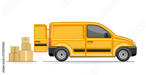 Vector illustration of Small Delivery Van, horizontal poster with profile side view commerce van with open back door and carton boxes stack, orange postal van with clear copy space on white background
