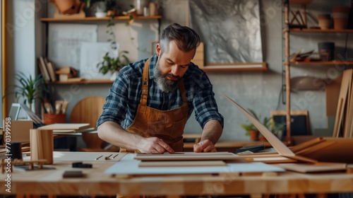 Craftsman in a woodworking studio meticulously measuring wooden pieces for a project. The workspace is filled with various woodworking tools and plants, reflecting a creative and natural atmosphere.