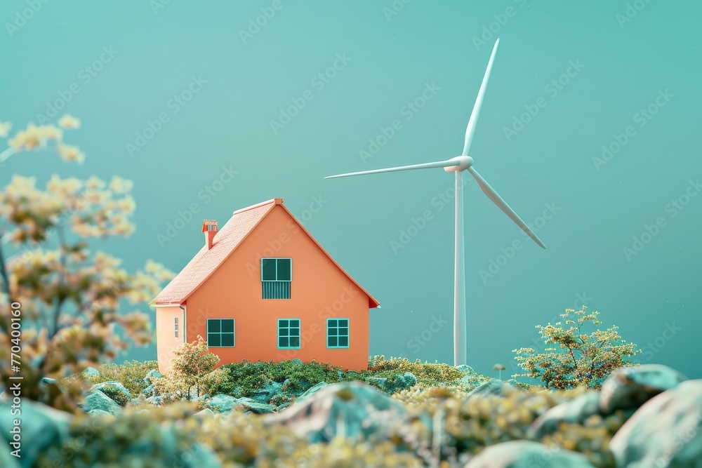 A white house with a windmill in front of it A white house with a windmill in front of it