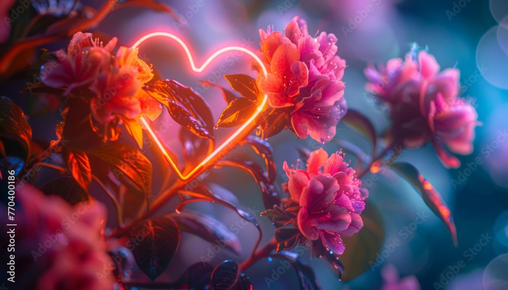 Beautiful flowers in nature against the background of a neon love heart. Beautiful flowers in nature against the background of a neon love heart.