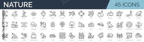 Set of 45 outline icons related to nature. Linear icon collection. Editable stroke. Vector illustration
