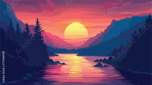 Sunset scene at river with mountain Flat vector isolated photo