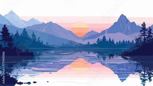 Sunset scene at river with mountain Flat vector isolated #770400166