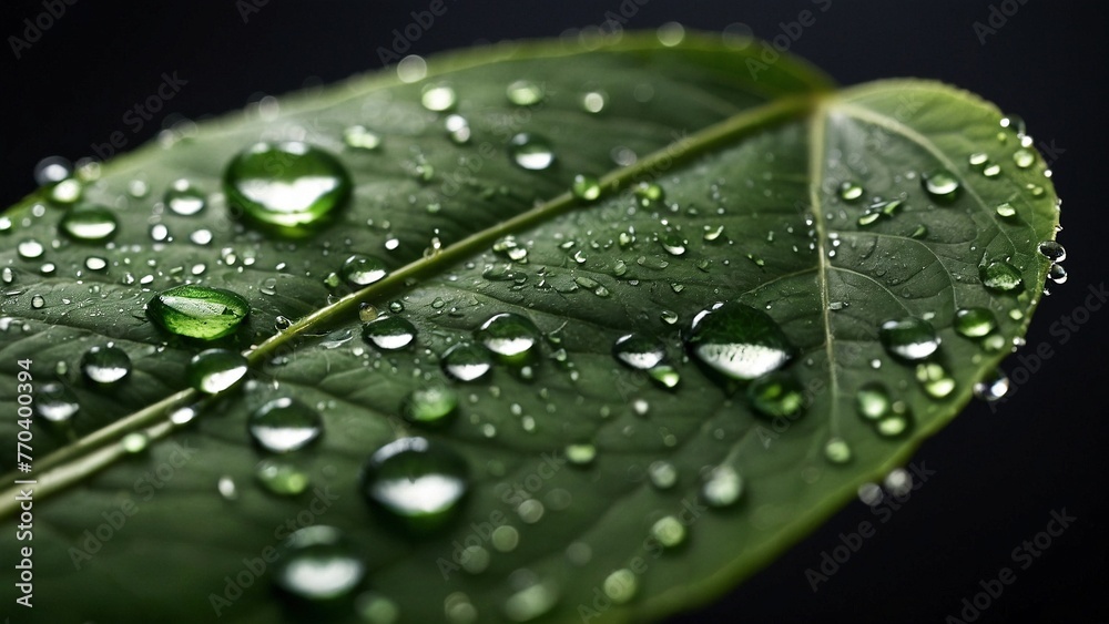 Green wet leaf covered in fresh rain dew water drops macro close-up illustration. Realistic detailed nature eco background wallpaper header design concept with blur bokeh effect. Green wet leaf covered in fresh rain dew water drops macro close-up illustration. Realistic detailed nature eco background wallpaper header design concept with blur bokeh effect.