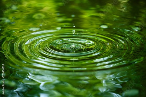Water drop falling into water with ripples and ripples on green background