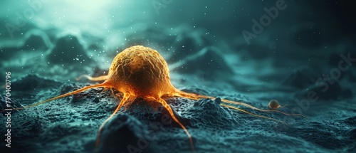 A serene stock photo illustrating Cancer A group of diseases characterized by abnormal cell growth Visualize a single cell mutating, surrounded by a faint glow symbolizing the onset of malignancy