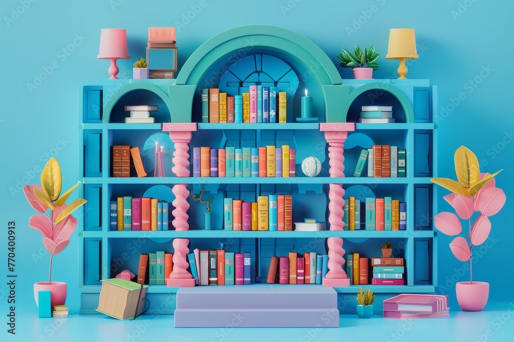 A colorful bookcase with a pink and blue archway and a pink and blue shelf