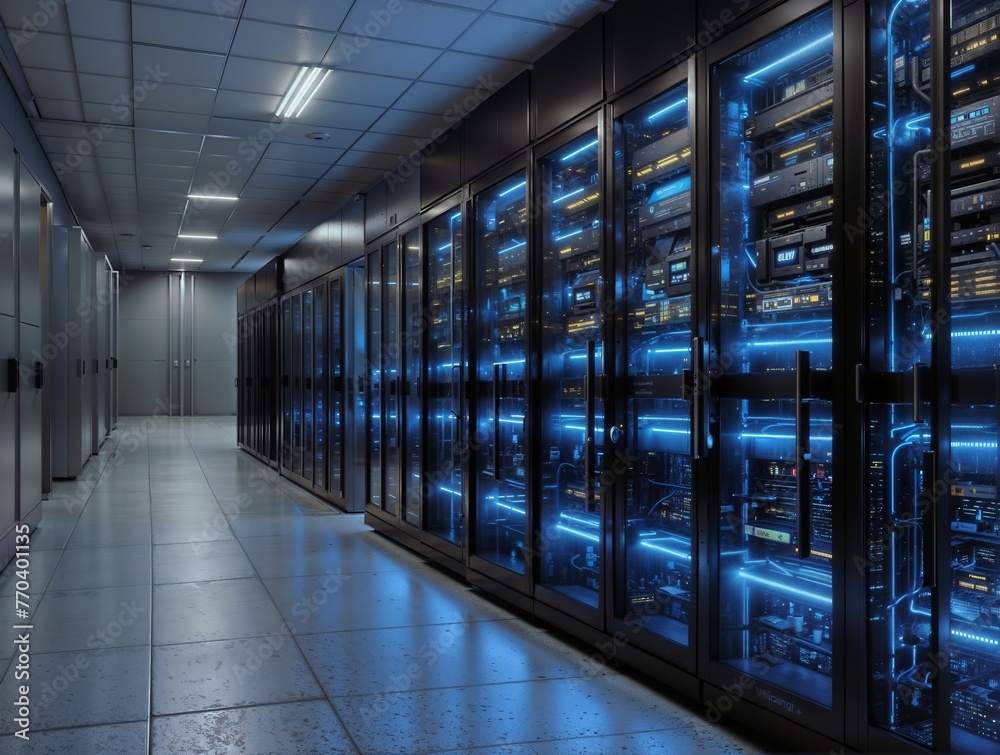 Data center interior, server hall, servers Data center interior, server hall, servers