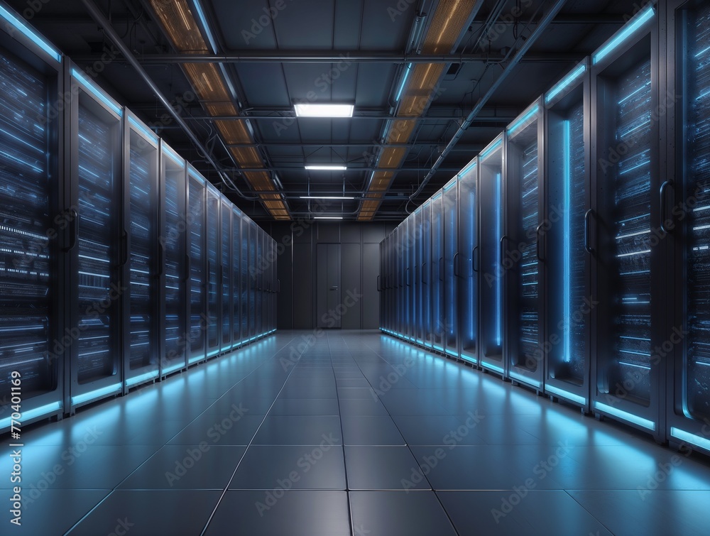 Data center interior, server hall, servers Data center interior, server hall, servers