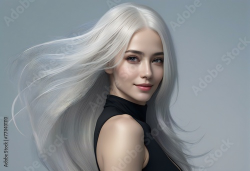 Portrait of a beautiful blonde woman with long hair, Gray background