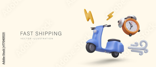 Hilarious fast delivery ads. 3D scooter racing at full speed, wind sign, alarm clock, lightning