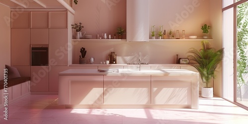 A clean minimalist kitchen with tones of pastel colors. Generative AI.