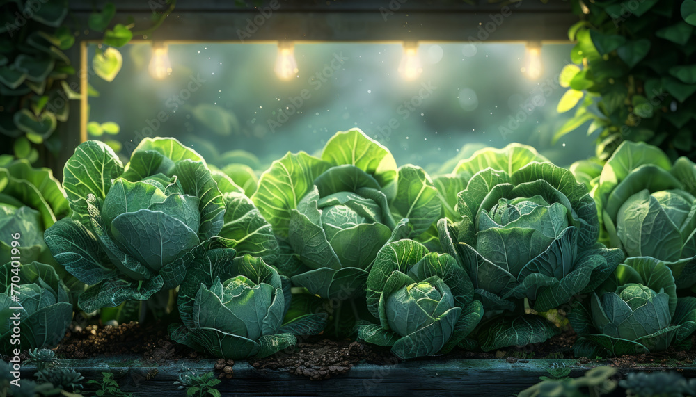cabbage harvest on beds in greenhouse or market - obrazy, fototapety, plakaty 