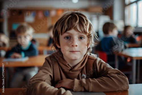 Smiling child is depicted sitting at a desk in a classroom, kindergarten or preschool setting. Other boys and girls blurred in the background. Cheerful learning environment of childhood education. © Ilia