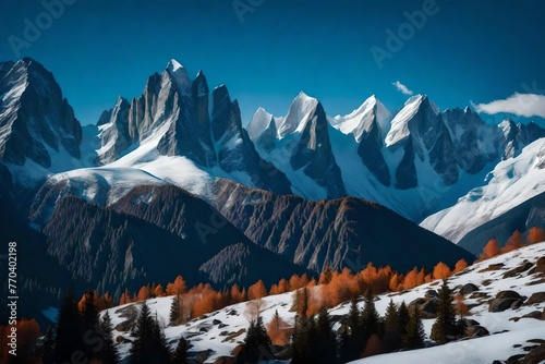 Towering mountains under a clear blue sky, their peaks dusted with the first snow of late autumn.