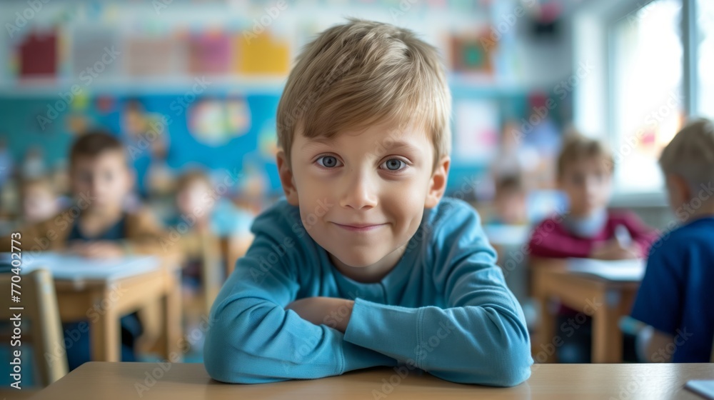 Smiling child is depicted sitting at a desk in a classroom, kindergarten or preschool setting. Other boys and girls blurred in the background. Cheerful learning environment of childhood education. Smiling child is depicted sitting at a desk in a classroom, kindergarten or preschool setting. Other boys and girls blurred in the background. Cheerful learning environment of childhood education.