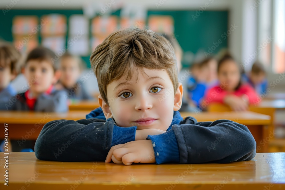 Smiling child is depicted sitting at a desk in a classroom ...
