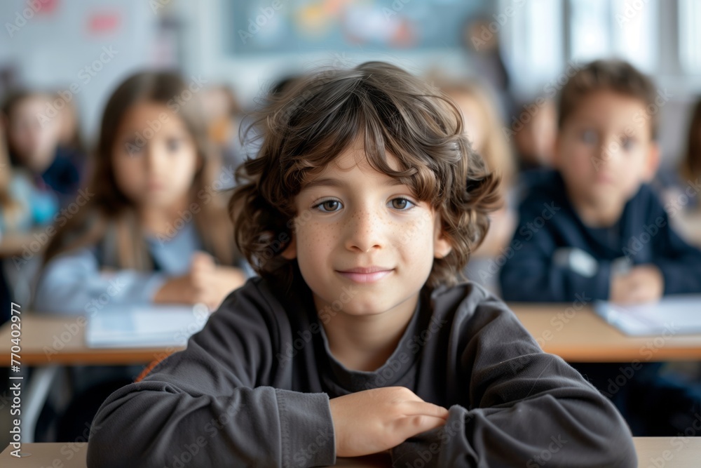 Smiling child is depicted sitting at a desk in a classroom, kindergarten or preschool setting. Other boys and girls blurred in the background. Cheerful learning environment of childhood education. Smiling child is depicted sitting at a desk in a classroom, kindergarten or preschool setting. Other boys and girls blurred in the background. Cheerful learning environment of childhood education.