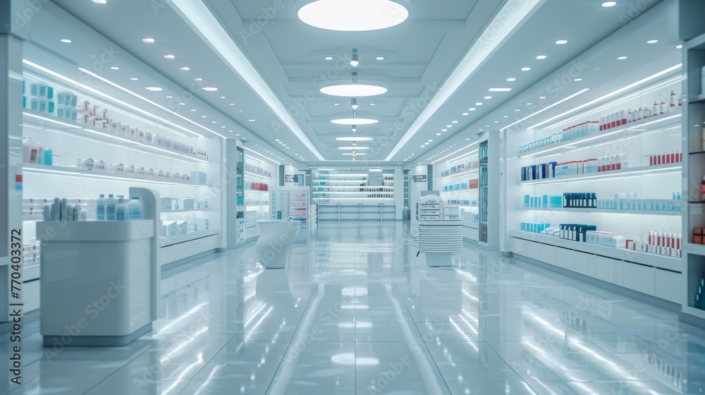 Obraz premium A large store with a bright blue ceiling and white walls. cosmetic concept