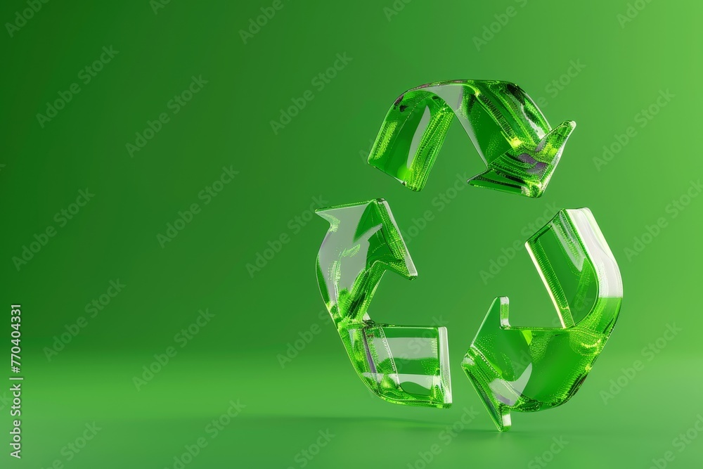 A green recycling symbol made of glass A green recycling symbol made of glass
